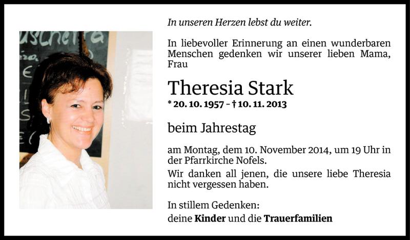  Todesanzeige für Theresia Stark vom 07.11.2014 aus Vorarlberger Nachrichten