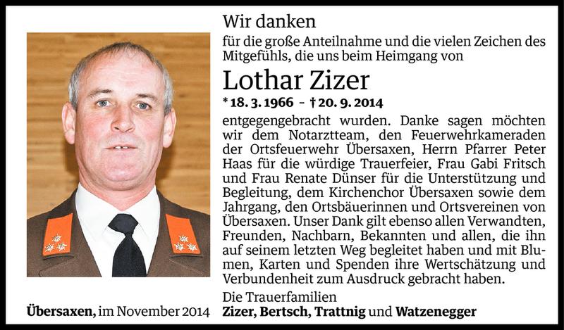  Todesanzeige für Lothar Zizer vom 10.11.2014 aus Vorarlberger Nachrichten