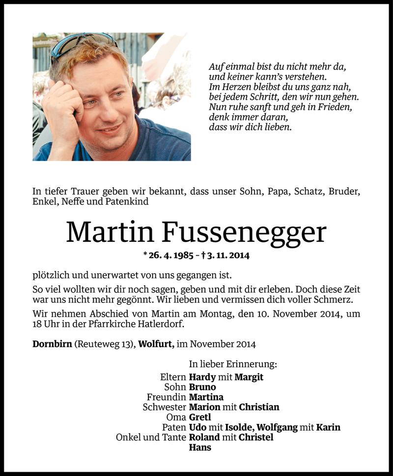  Todesanzeige für Martin Fussenegger vom 07.11.2014 aus Vorarlberger Nachrichten