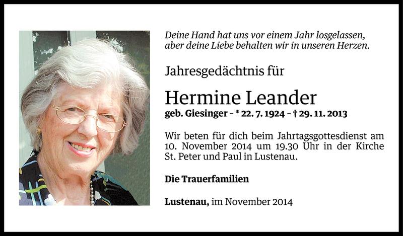  Todesanzeige für Hermine Leander vom 07.11.2014 aus Vorarlberger Nachrichten