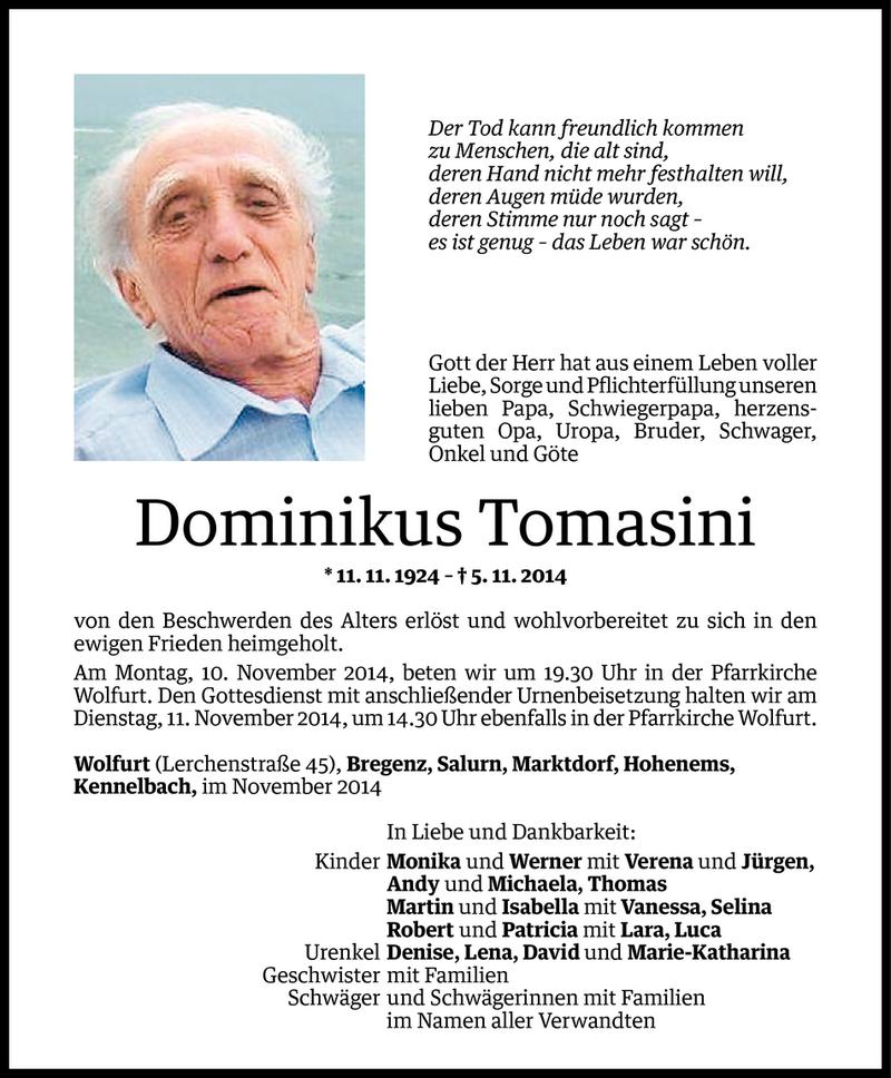  Todesanzeige für Dominikus Tomasini vom 07.11.2014 aus Vorarlberger Nachrichten