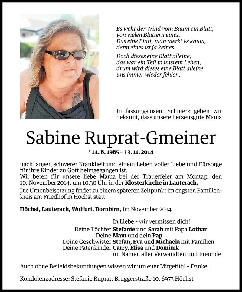  Todesanzeige für Sabine Ruprat-Gmeiner vom 07.11.2014 aus Vorarlberger Nachrichten