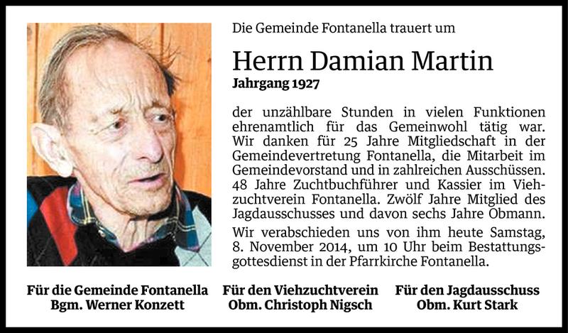  Todesanzeige für Damian Martin vom 07.11.2014 aus Vorarlberger Nachrichten