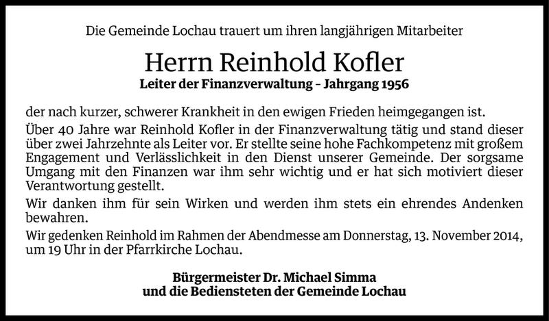  Todesanzeige für Reinhold Kofler vom 07.11.2014 aus Vorarlberger Nachrichten