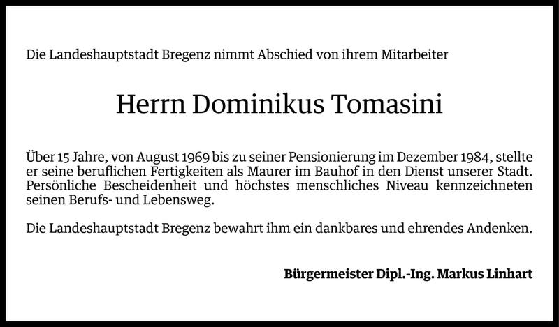  Todesanzeige für Dominikus Tomasini vom 07.11.2014 aus Vorarlberger Nachrichten