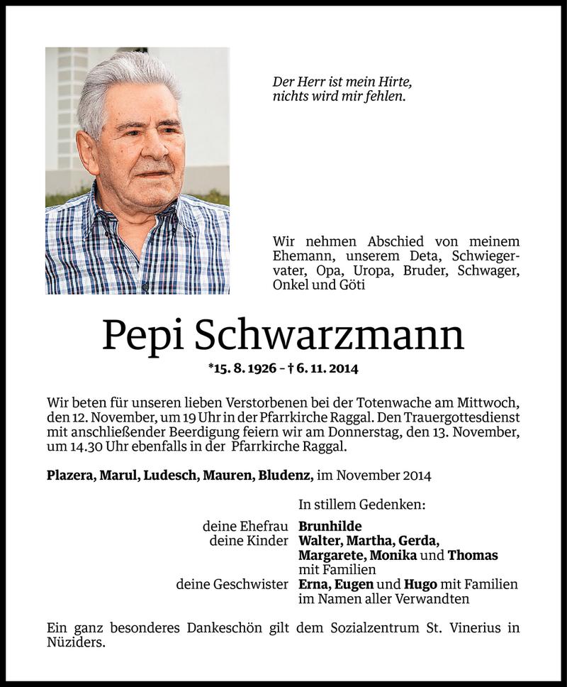  Todesanzeige für Pepi Schwarzmann vom 08.11.2014 aus Vorarlberger Nachrichten