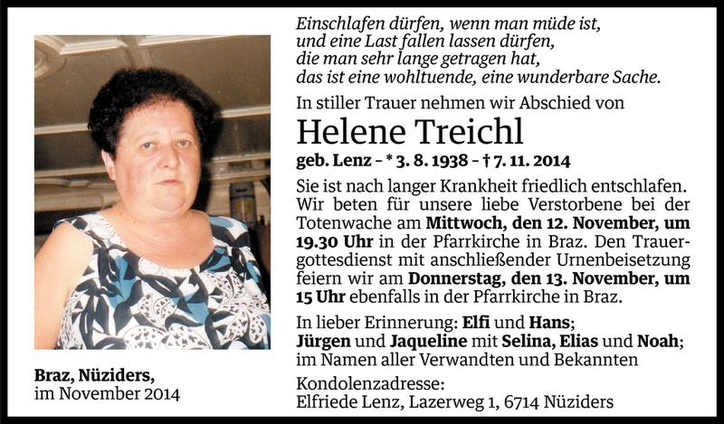  Todesanzeige für Helene Treichl vom 10.11.2014 aus Vorarlberger Nachrichten