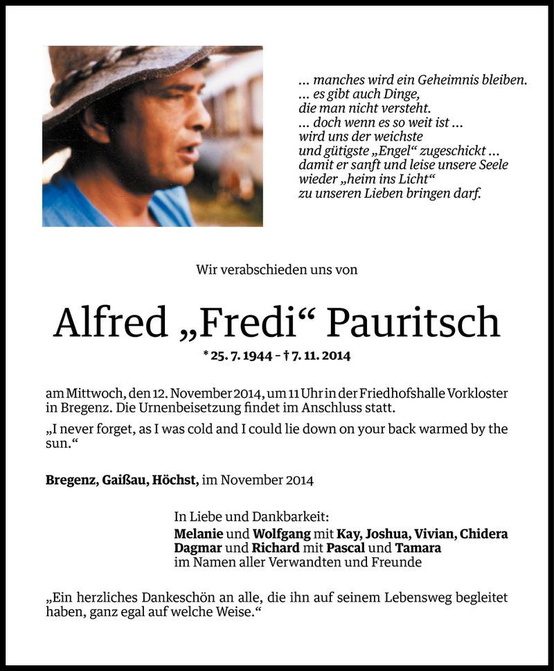  Todesanzeige für Alfred Pauritsch vom 09.11.2014 aus Vorarlberger Nachrichten