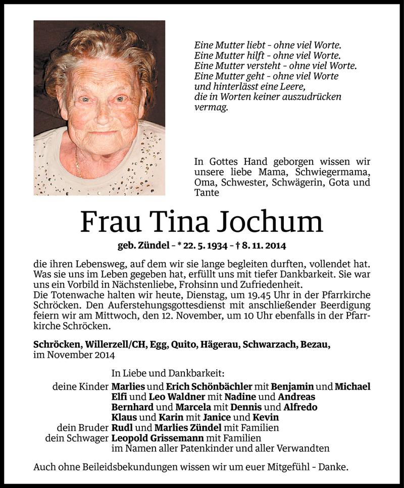  Todesanzeige für Tina Jochum vom 10.11.2014 aus Vorarlberger Nachrichten