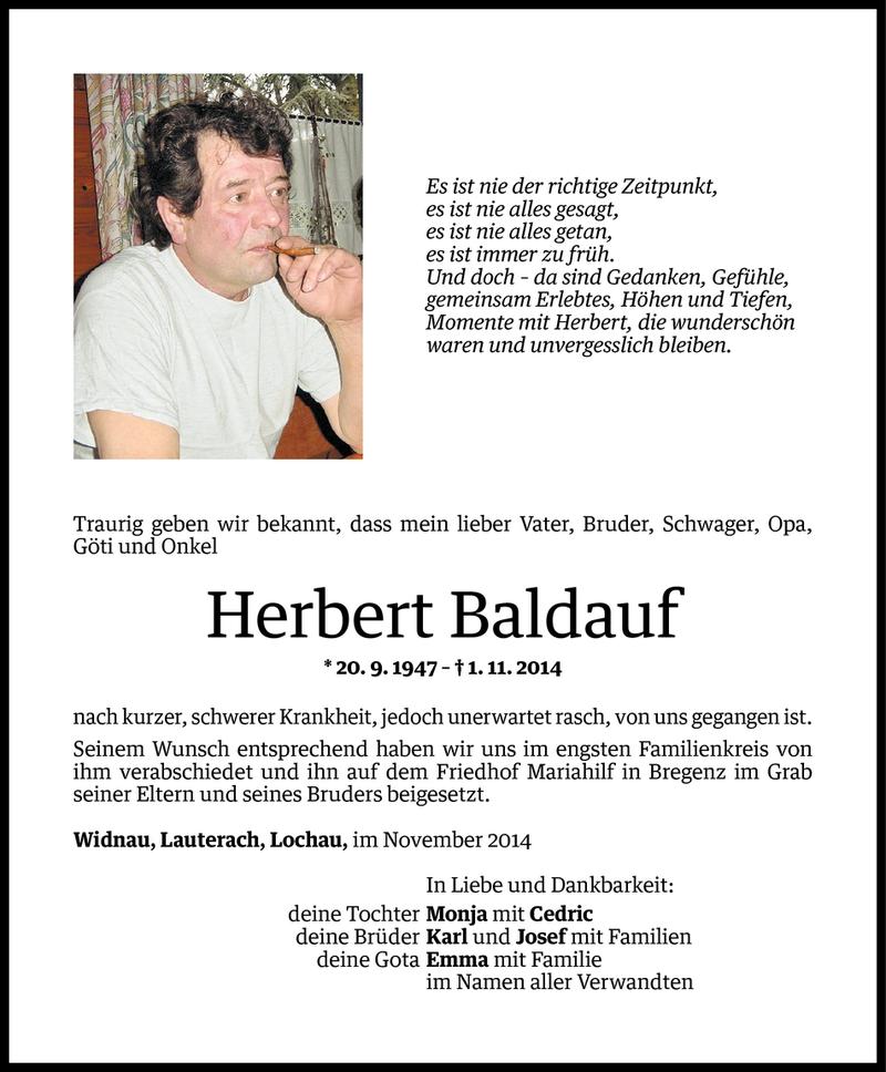  Todesanzeige für Herbert Baldauf vom 11.11.2014 aus Vorarlberger Nachrichten