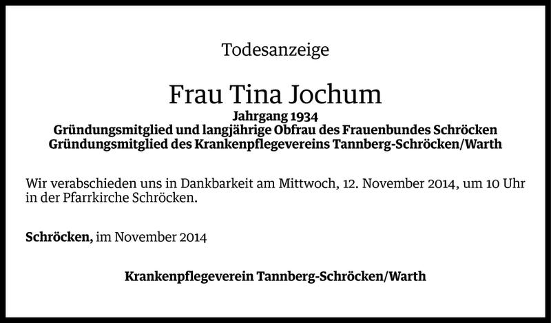  Todesanzeige für Tina Jochum vom 10.11.2014 aus Vorarlberger Nachrichten