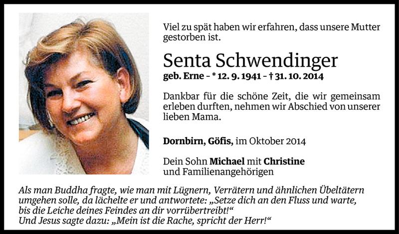  Todesanzeige für Senta Schwendinger vom 11.11.2014 aus Vorarlberger Nachrichten