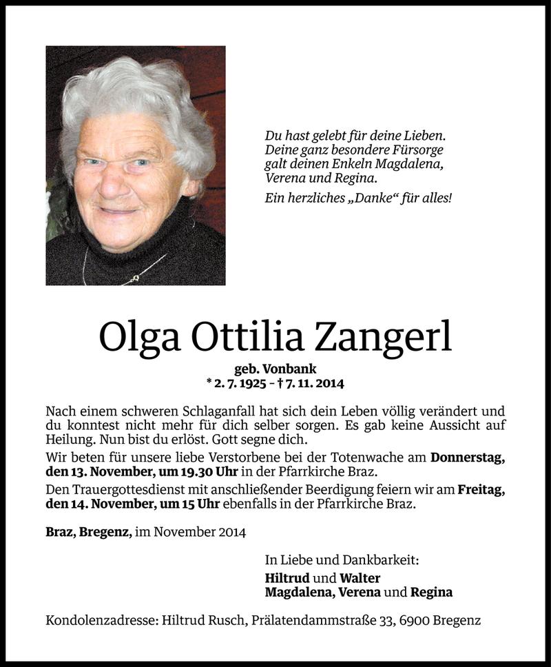  Todesanzeige für Olga Ottilia Zangerl vom 11.11.2014 aus Vorarlberger Nachrichten