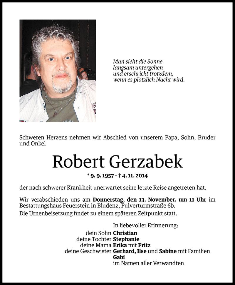  Todesanzeige für Robert Gerzabek vom 11.11.2014 aus Vorarlberger Nachrichten