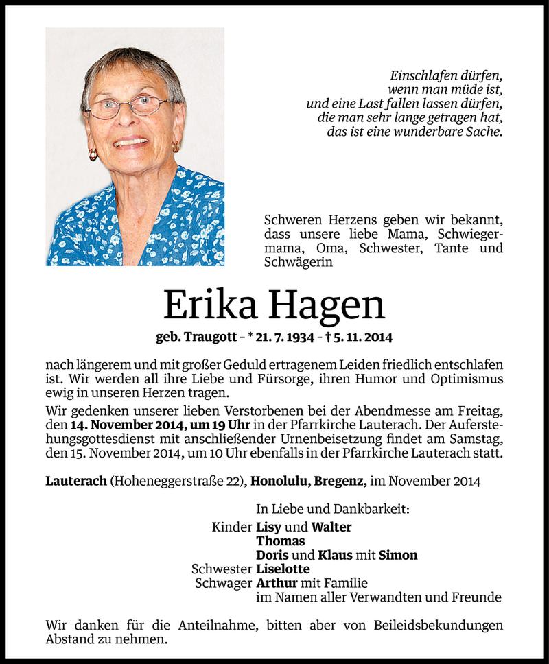  Todesanzeige für Erika Hagen vom 12.11.2014 aus Vorarlberger Nachrichten