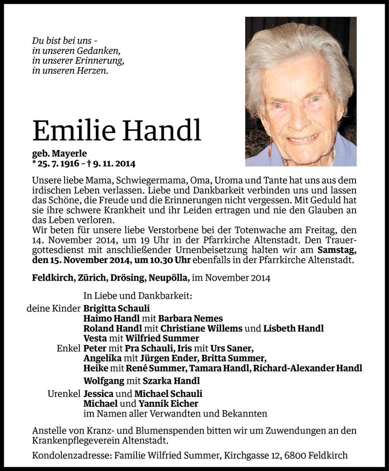  Todesanzeige für Emilie Handl vom 11.11.2014 aus Vorarlberger Nachrichten