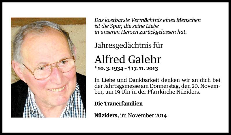  Todesanzeige für Alfred Galehr vom 17.11.2014 aus Vorarlberger Nachrichten