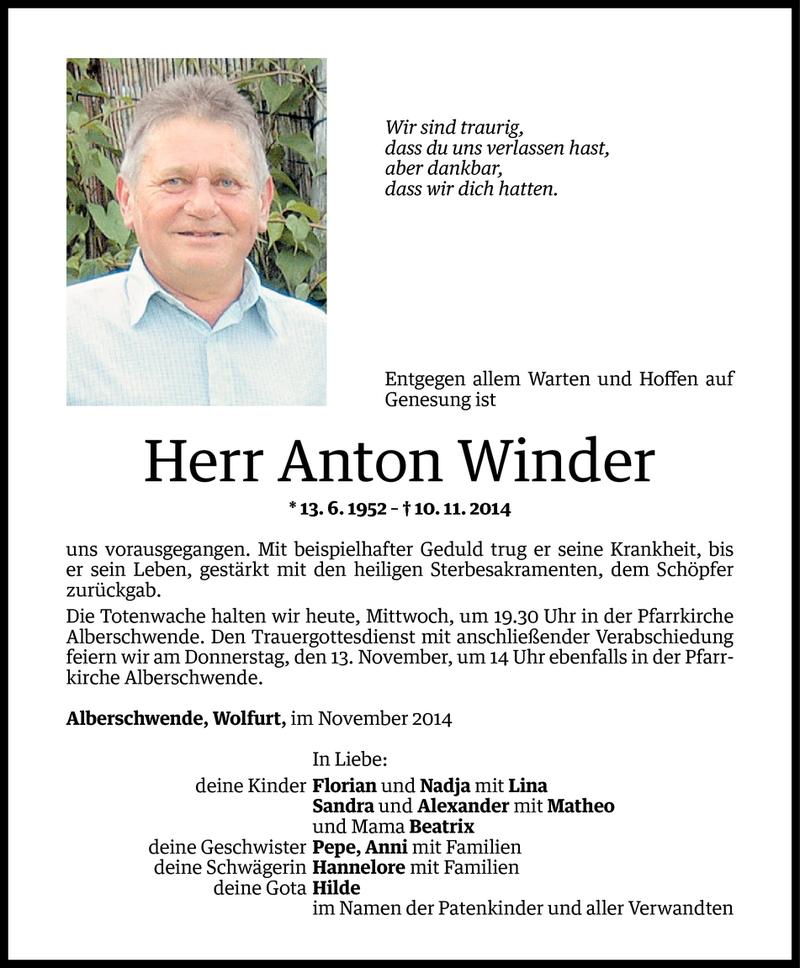  Todesanzeige für Anton Winder vom 11.11.2014 aus Vorarlberger Nachrichten