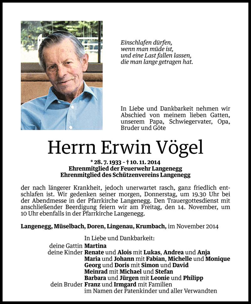  Todesanzeige für Erwin Vögel vom 11.11.2014 aus Vorarlberger Nachrichten