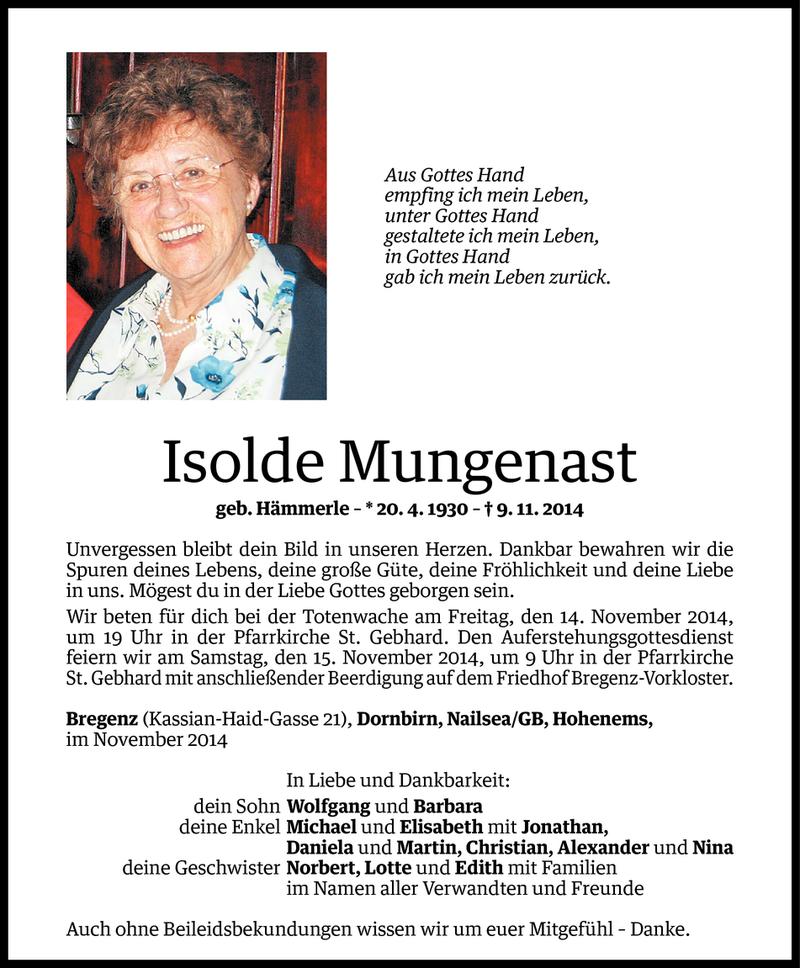  Todesanzeige für Isolde Mungenast vom 12.11.2014 aus Vorarlberger Nachrichten