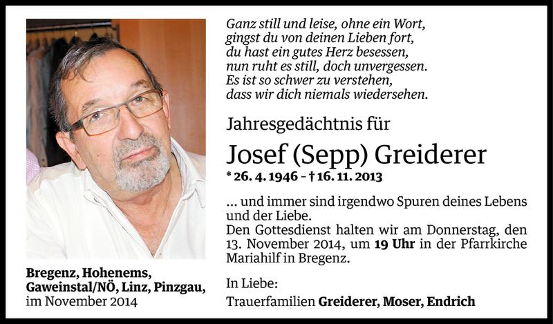  Todesanzeige für Josef Greiderer vom 12.11.2014 aus Vorarlberger Nachrichten