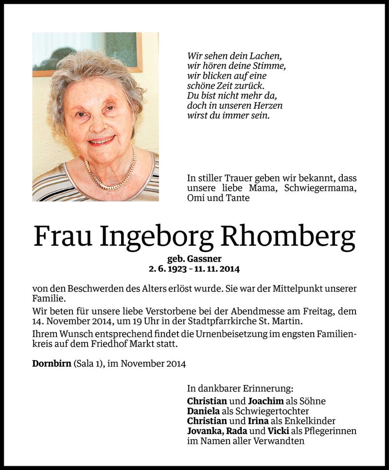  Todesanzeige für Ingeborg Rhomberg vom 12.11.2014 aus Vorarlberger Nachrichten