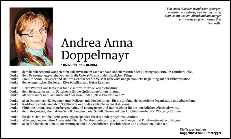  Todesanzeige für Andrea Anna Doppelmayr vom 14.11.2014 aus Vorarlberger Nachrichten