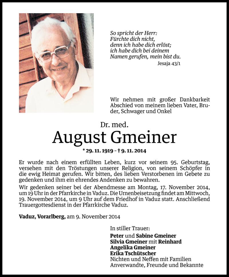  Todesanzeige für August Gmeiner vom 13.11.2014 aus Vorarlberger Nachrichten