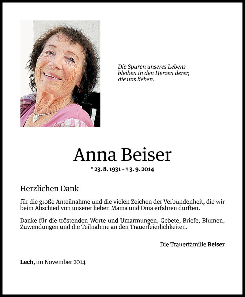  Todesanzeige für Anna Beiser vom 15.11.2014 aus Vorarlberger Nachrichten