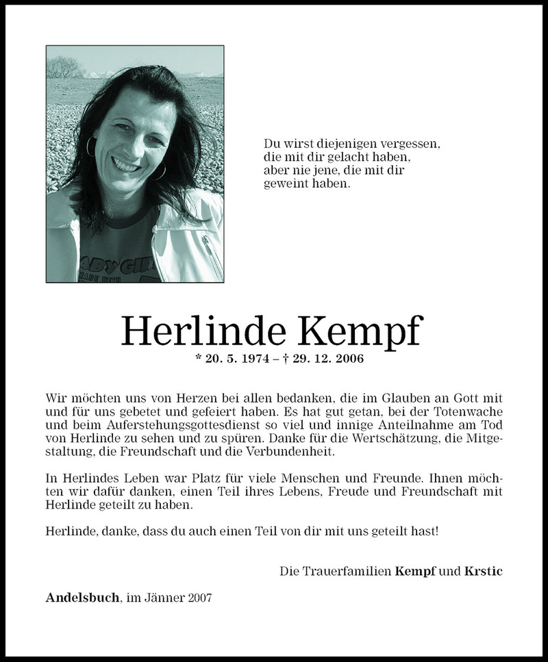  Todesanzeige für Herlinde Kempf vom 19.01.2007 aus Vorarlberger Nachrichten