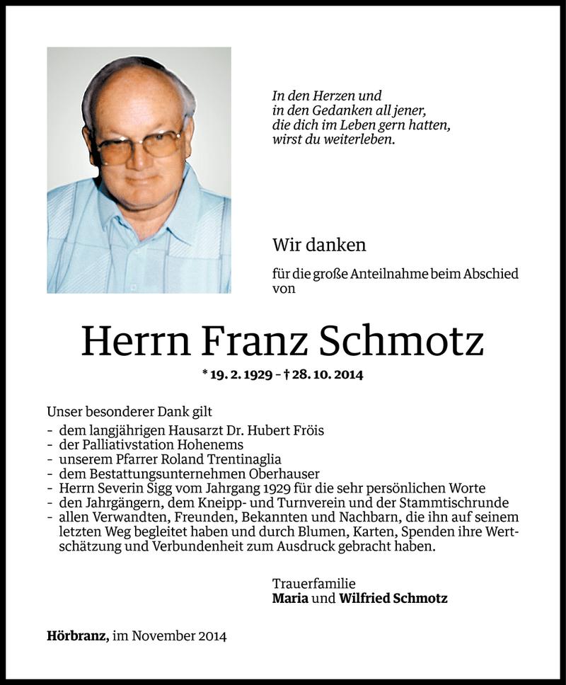  Todesanzeige für Franz Schmotz vom 13.11.2014 aus Vorarlberger Nachrichten