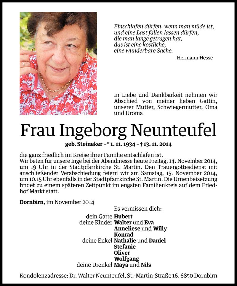  Todesanzeige für Ingeborg Neunteufel vom 13.11.2014 aus Vorarlberger Nachrichten