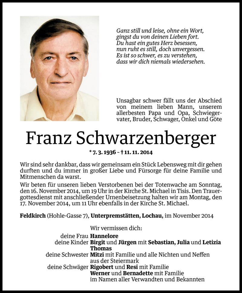  Todesanzeige für Franz Schwarzenberger vom 13.11.2014 aus Vorarlberger Nachrichten