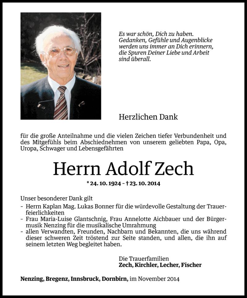  Todesanzeige für Adolf Zech vom 14.11.2014 aus Vorarlberger Nachrichten