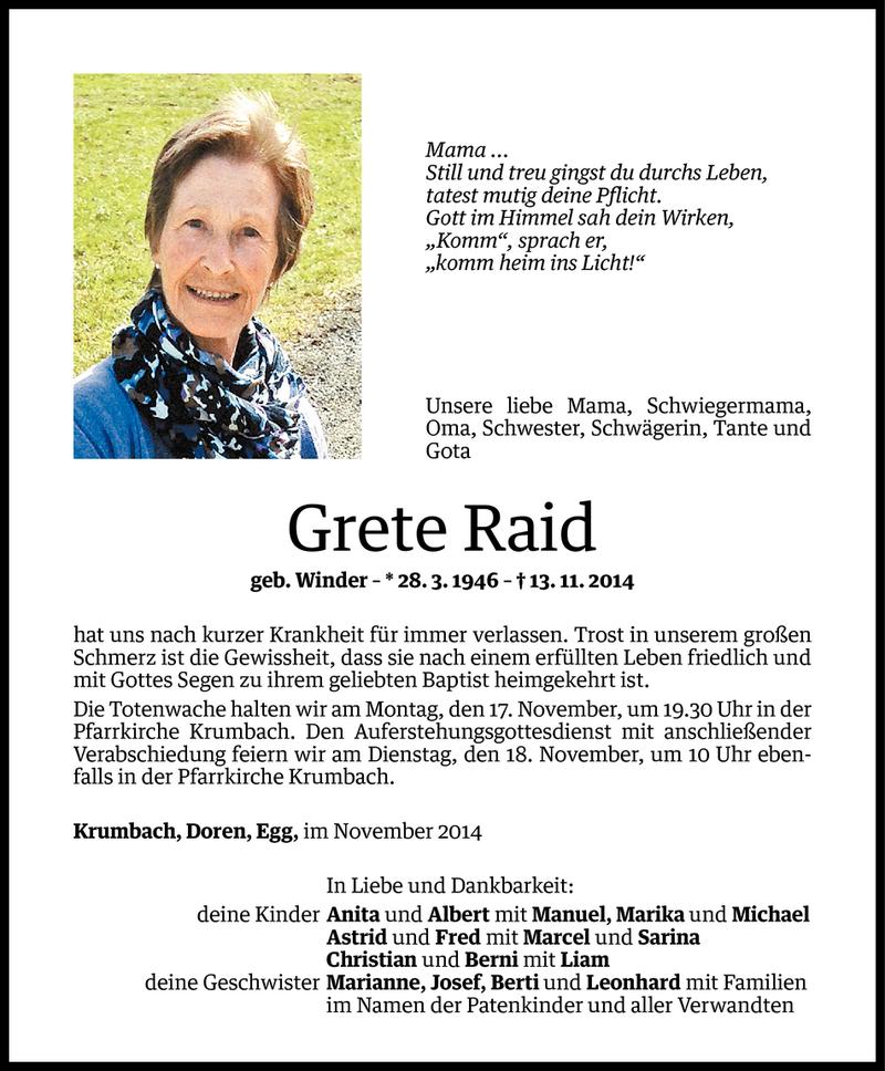  Todesanzeige für Grete Raid vom 14.11.2014 aus Vorarlberger Nachrichten