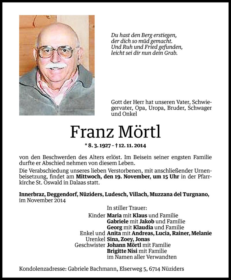  Todesanzeige für Franz Mörtl vom 17.11.2014 aus Vorarlberger Nachrichten