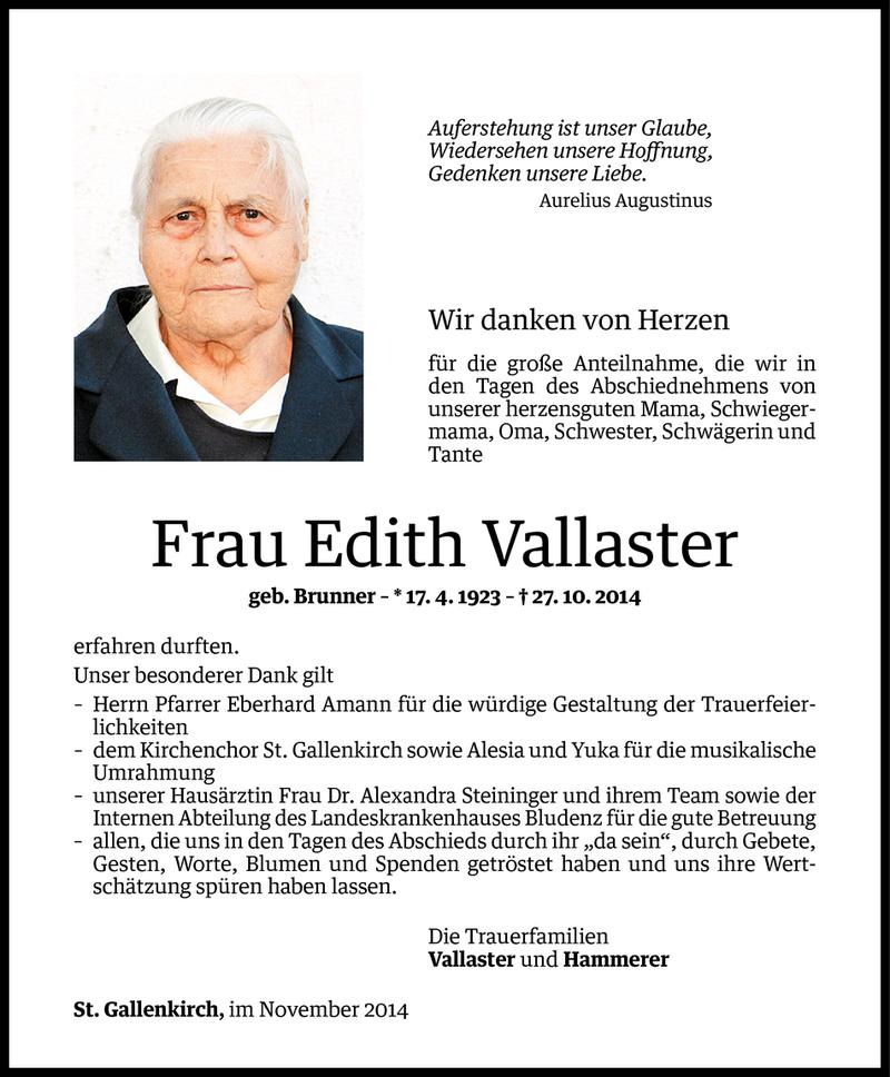  Todesanzeige für Edith Vallaster vom 14.11.2014 aus Vorarlberger Nachrichten