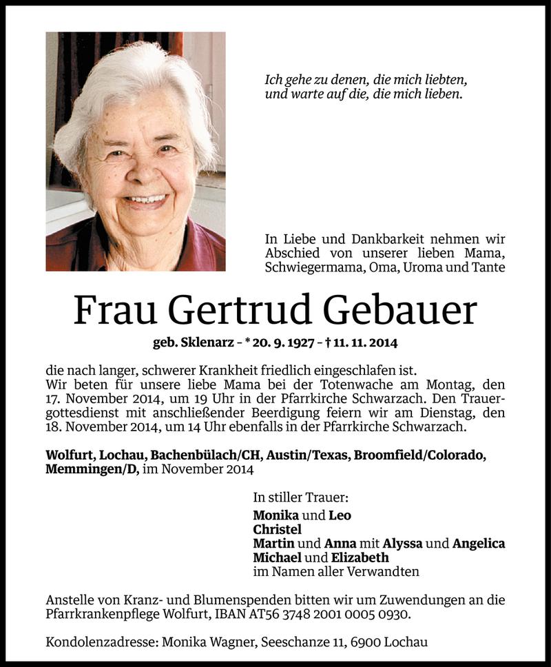  Todesanzeige für Gertrud Gebauer vom 14.11.2014 aus Vorarlberger Nachrichten