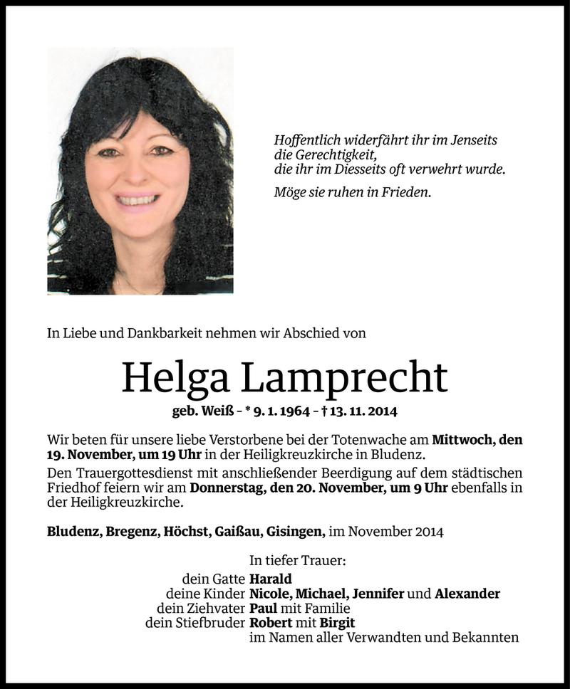  Todesanzeige für Helga Lamprecht vom 15.11.2014 aus Vorarlberger Nachrichten