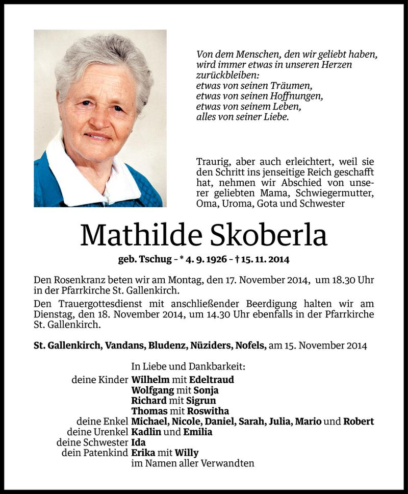  Todesanzeige für Mathilde Skoberla vom 16.11.2014 aus Vorarlberger Nachrichten