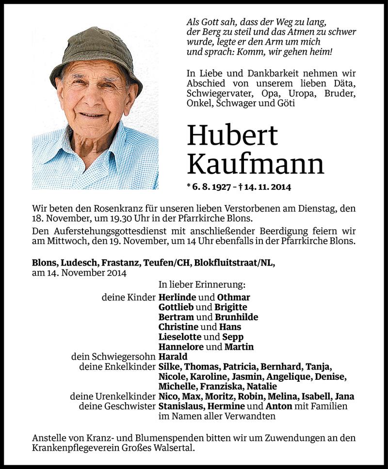  Todesanzeige für Hubert Kaufmann vom 16.11.2014 aus Vorarlberger Nachrichten