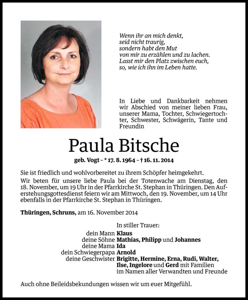  Todesanzeige für Paula Bitsche vom 17.11.2014 aus Vorarlberger Nachrichten