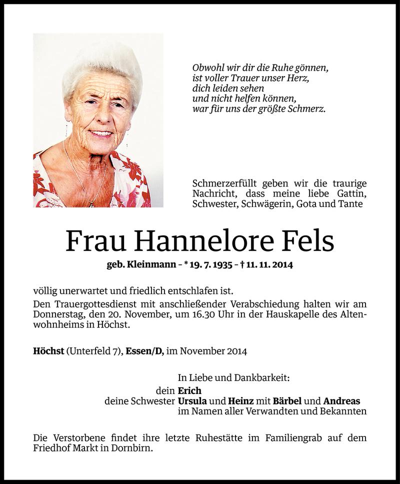  Todesanzeige für Hannelore Fels vom 17.11.2014 aus Vorarlberger Nachrichten