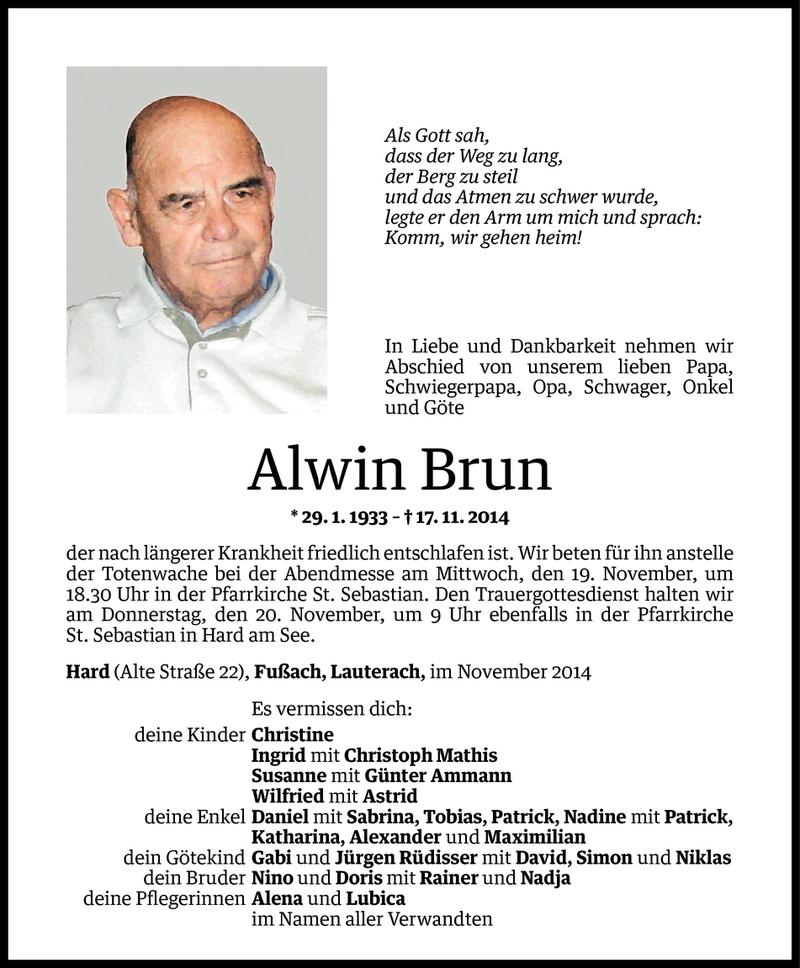  Todesanzeige für Alwin Brun vom 17.11.2014 aus Vorarlberger Nachrichten