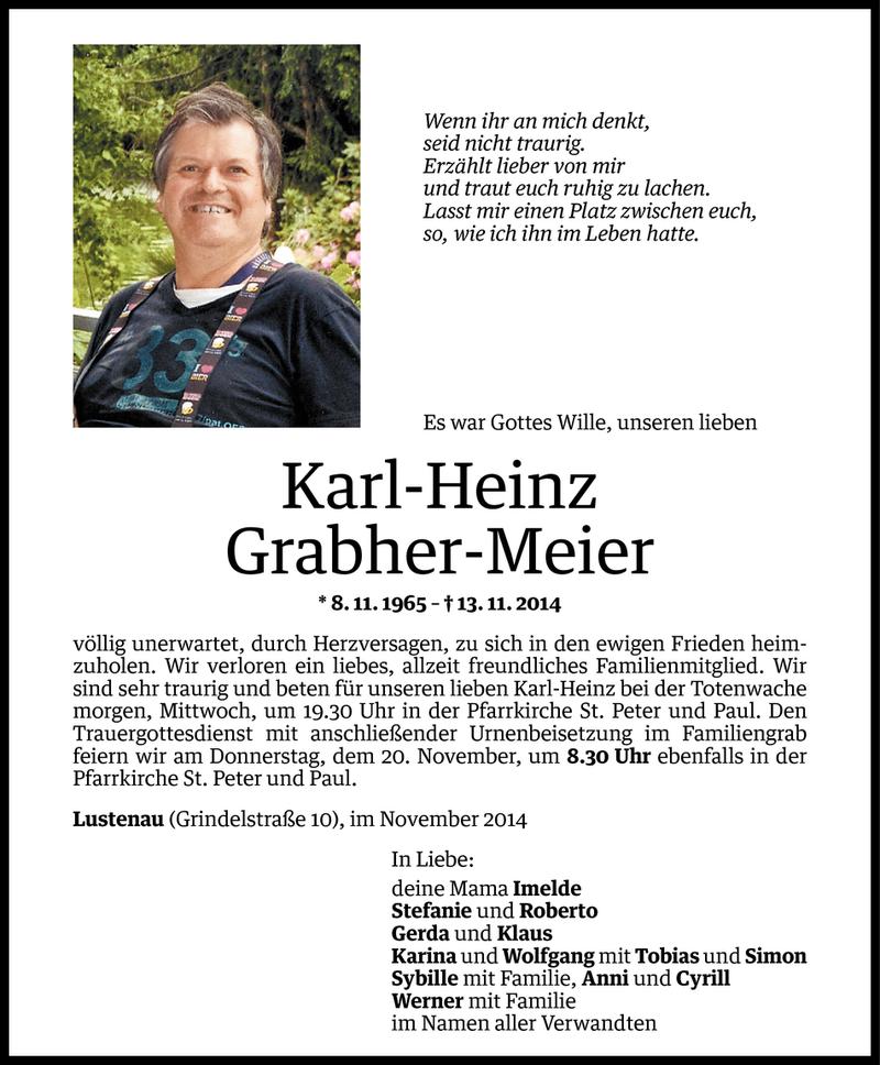  Todesanzeige für Karl-Heinz Grabher-Meier vom 17.11.2014 aus Vorarlberger Nachrichten