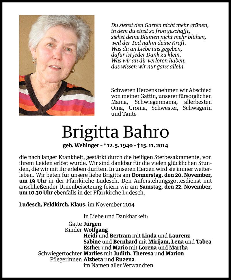  Todesanzeige für Brigitta Bahro vom 19.11.2014 aus Vorarlberger Nachrichten