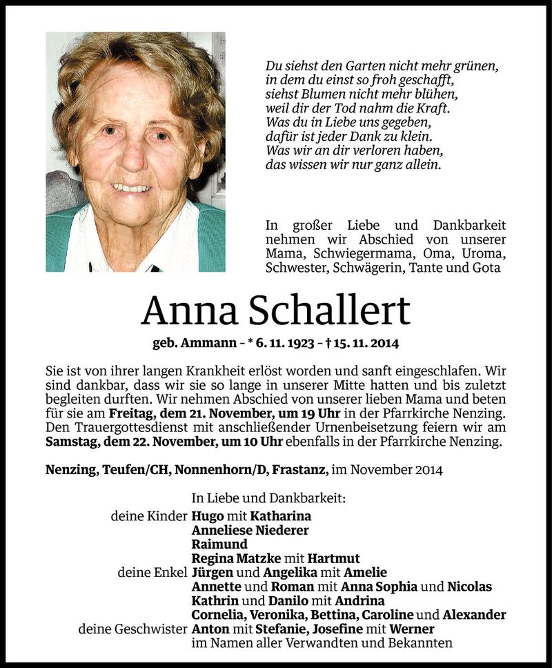  Todesanzeige für Anna Schallert vom 19.11.2014 aus Vorarlberger Nachrichten