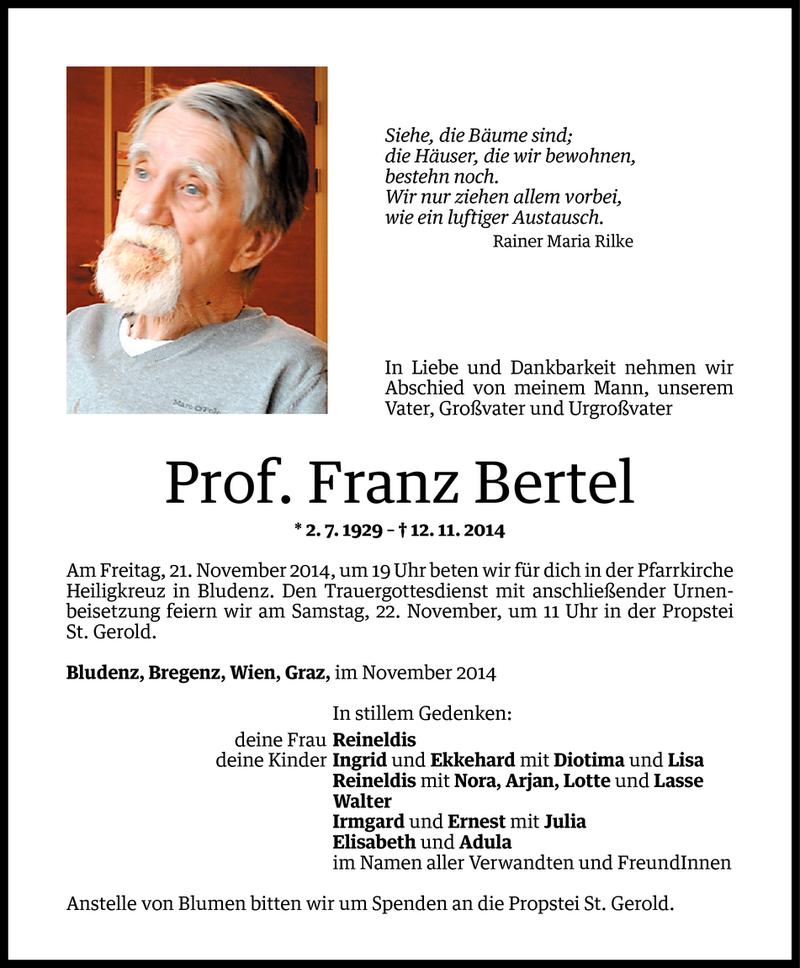  Todesanzeige für Franz Bertel vom 19.11.2014 aus Vorarlberger Nachrichten