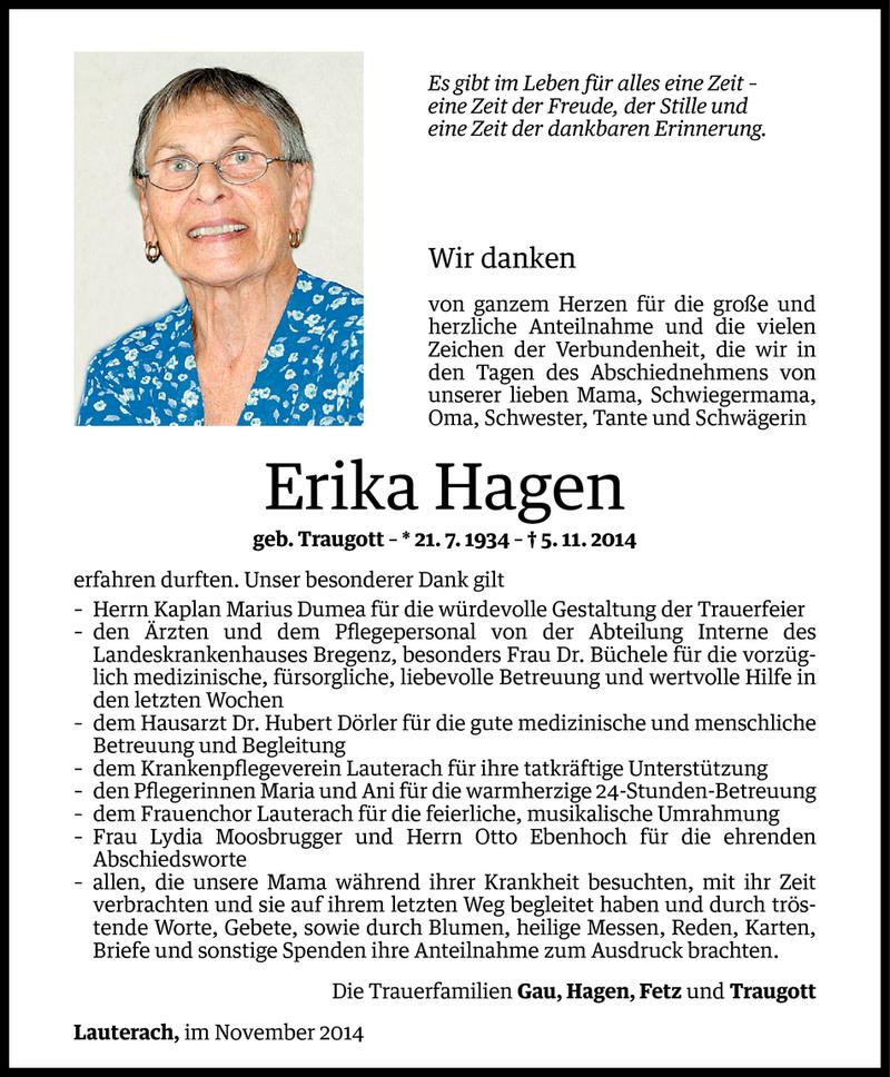  Todesanzeige für Erika Hagen vom 21.11.2014 aus Vorarlberger Nachrichten