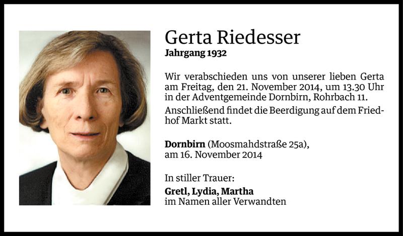  Todesanzeige für Gerta Riedesser vom 18.11.2014 aus Vorarlberger Nachrichten